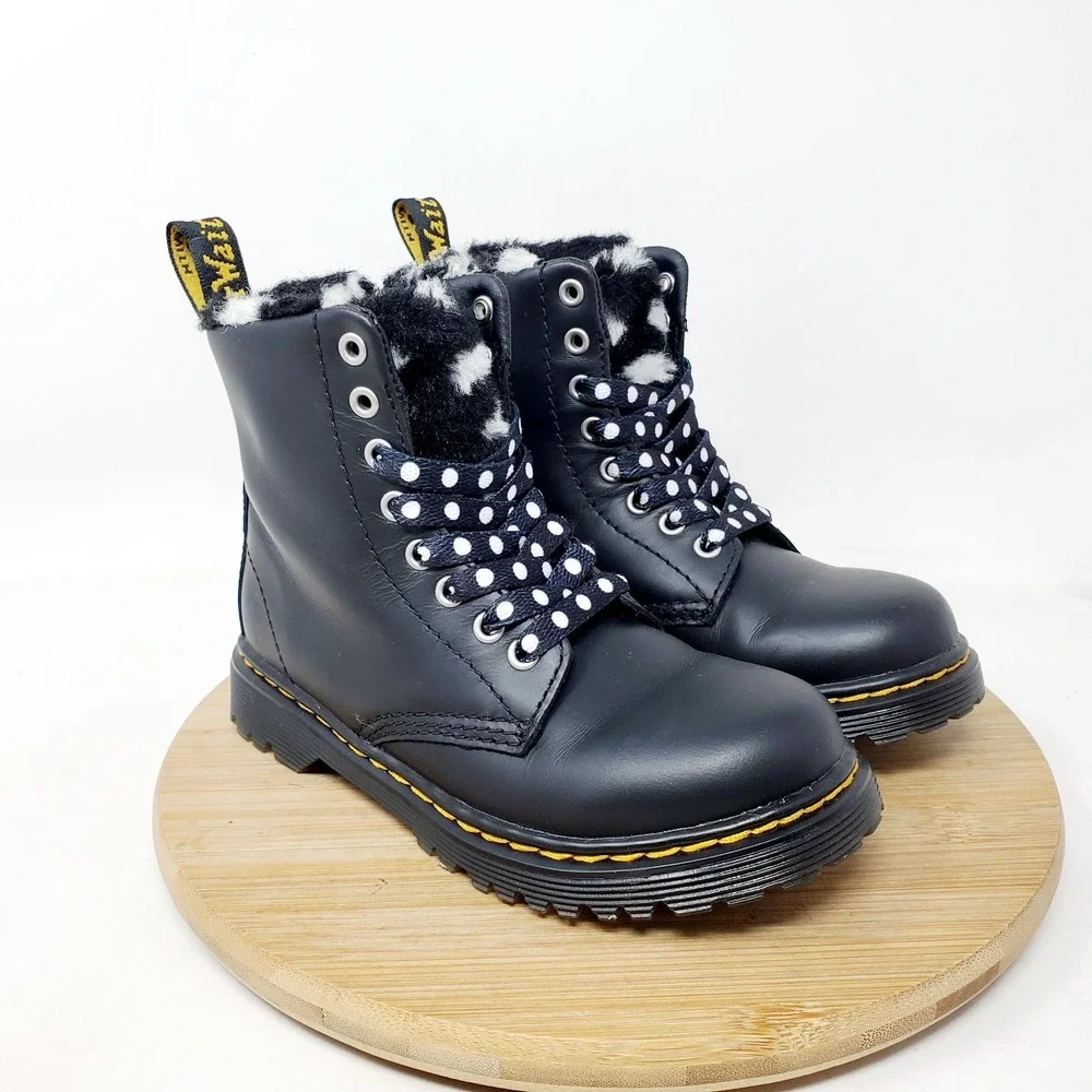 Dr Martens Serena Boots Kids 11 Black Lined Polka Dot Zip 8 Eye Boys Girls Shoes